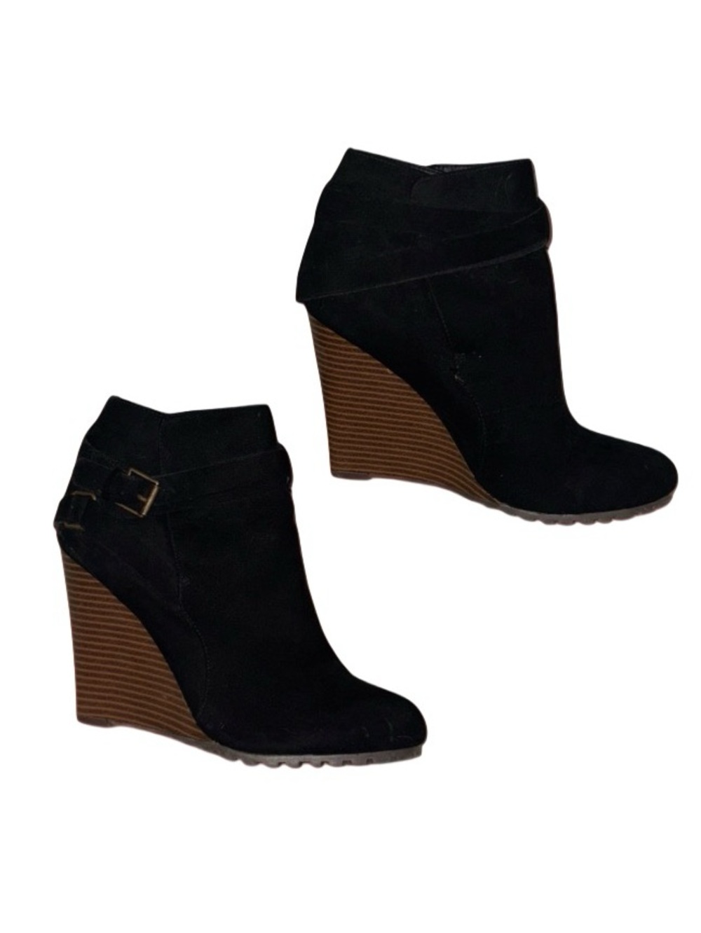 Shoe Dazzle Black Suede Buckle Wedge Ankle Booties Size 8.5 Brown 4” Heel